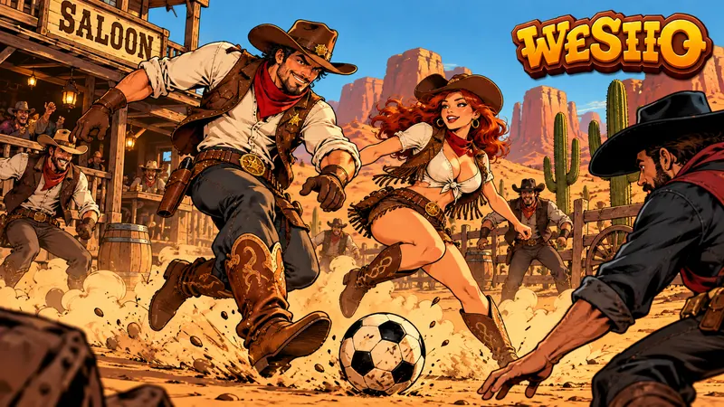 Cowboy and cowgirl kicking a football across a dusty frontier street outside a saloon